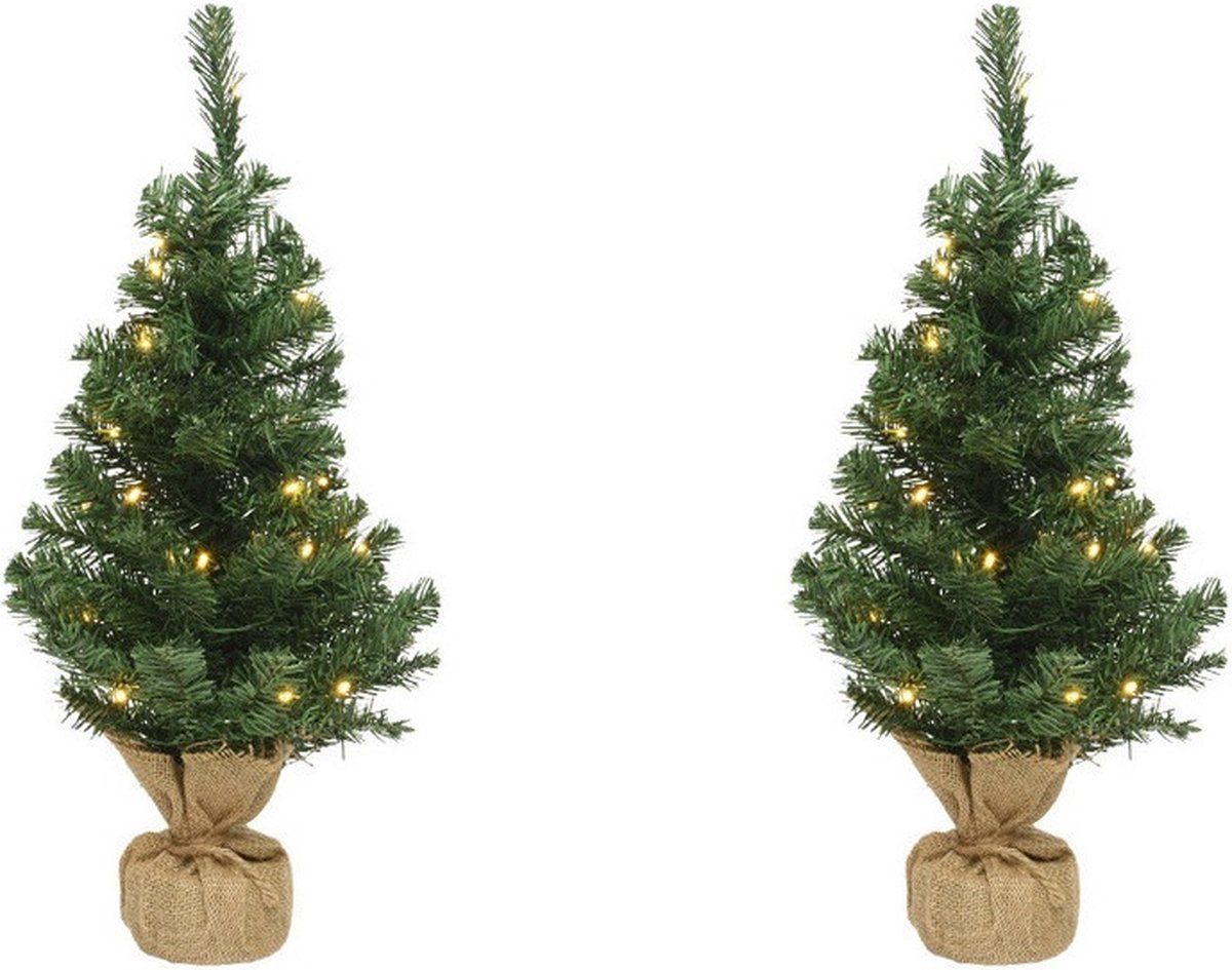 2x Mini kerstbomen groen 90 cm met verlichting in jute zak