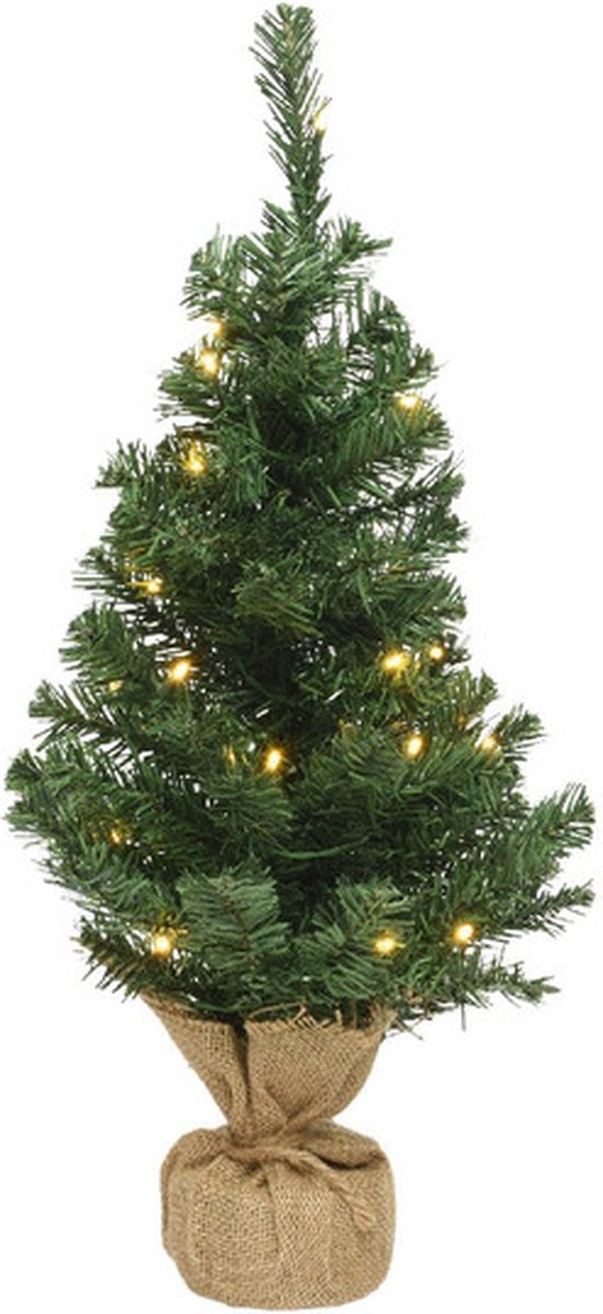 2x Mini kerstbomen groen 90 cm met verlichting in jute zak