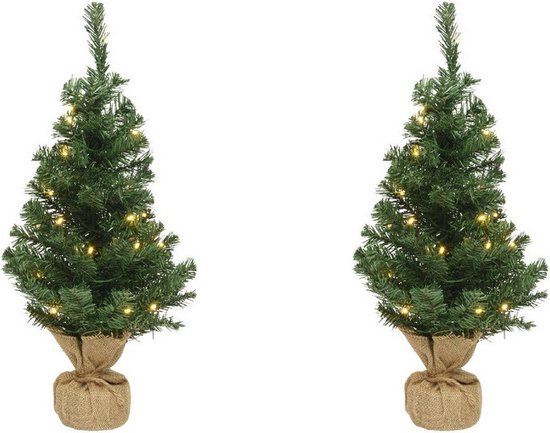 2x Mini kerstbomen groen 90 cm met verlichting in jute zak