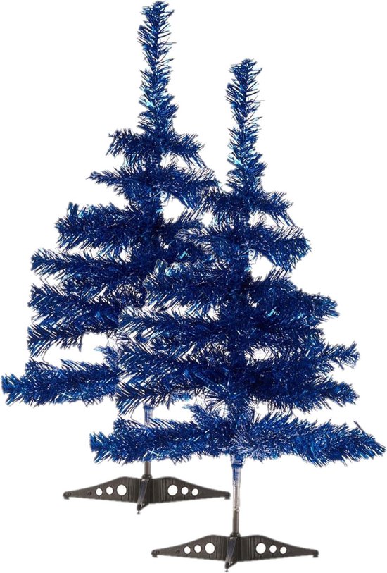2x Mini kerstbomen kunststof 60 cm ijsblauw met voet