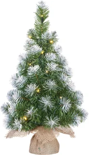2x Miniboompjes kerstboom 60 cm in jute zak met verlichting en sneeuw