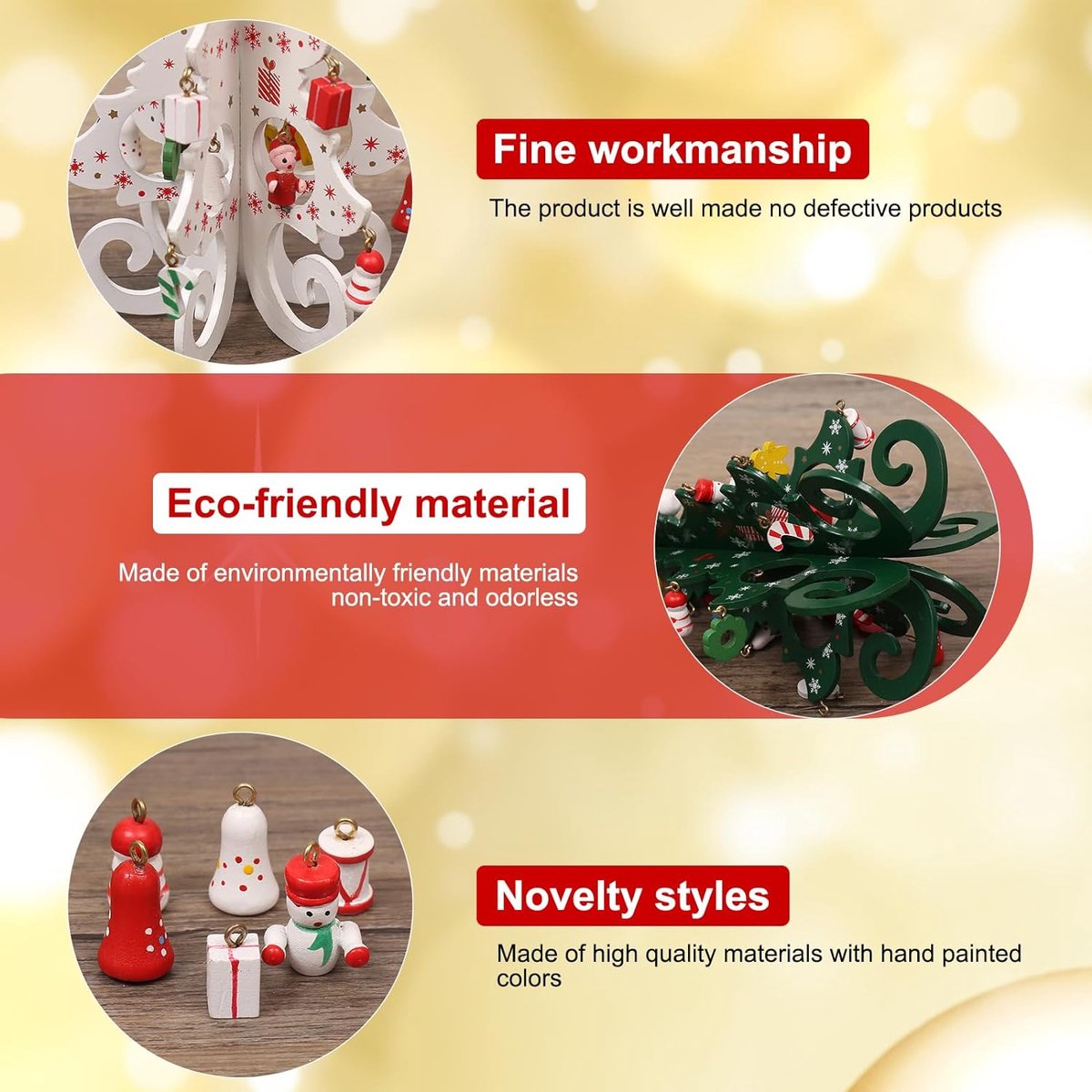 3x Houten Mini Kerstbomen Bruin Wit Groen 95x190 mm