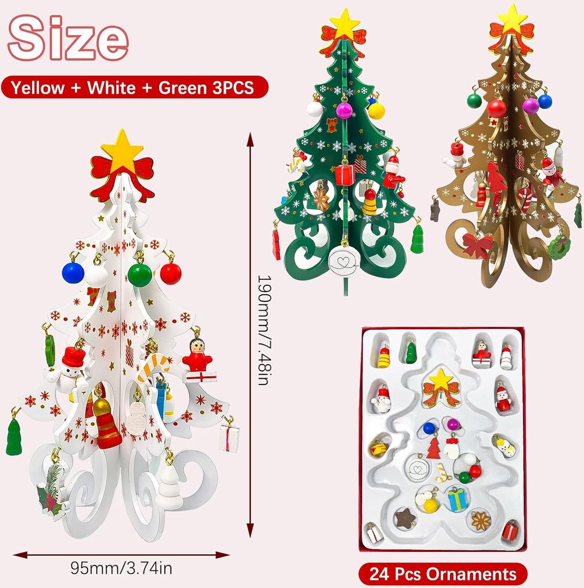 3x Houten Mini Kerstbomen Bruin Wit Groen 95x190 mm