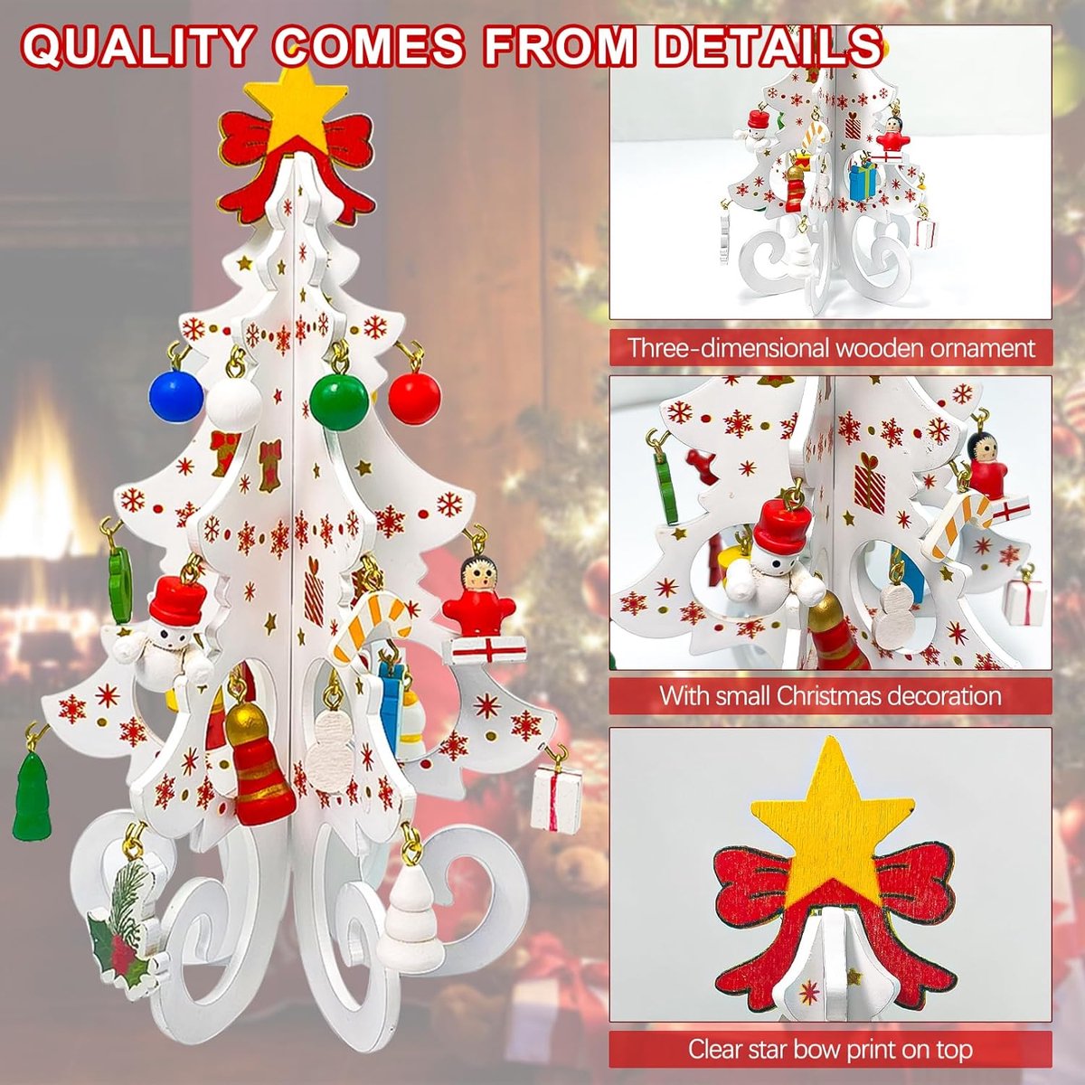 3x Houten Mini Kerstbomen Bruin Wit Groen 95x190 mm