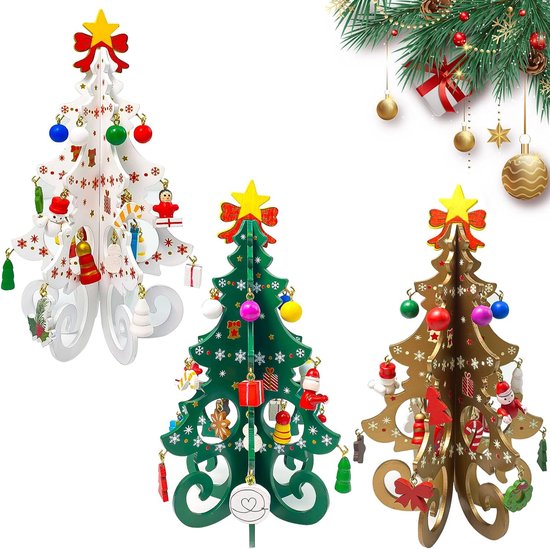 3x Houten Mini Kerstbomen Bruin Wit Groen 95x190 mm