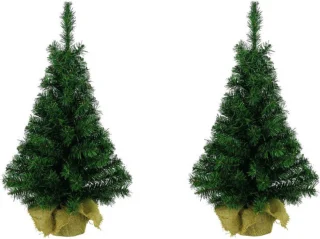 3x Mini kunstkerstbomen 35 cm in jute zak