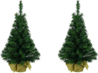 3x Mini kunstkerstbomen 35 cm in jute zak