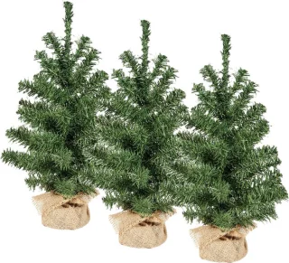 3x Mini Kunstkerstbomen Groen 45 cm in Jute Zak