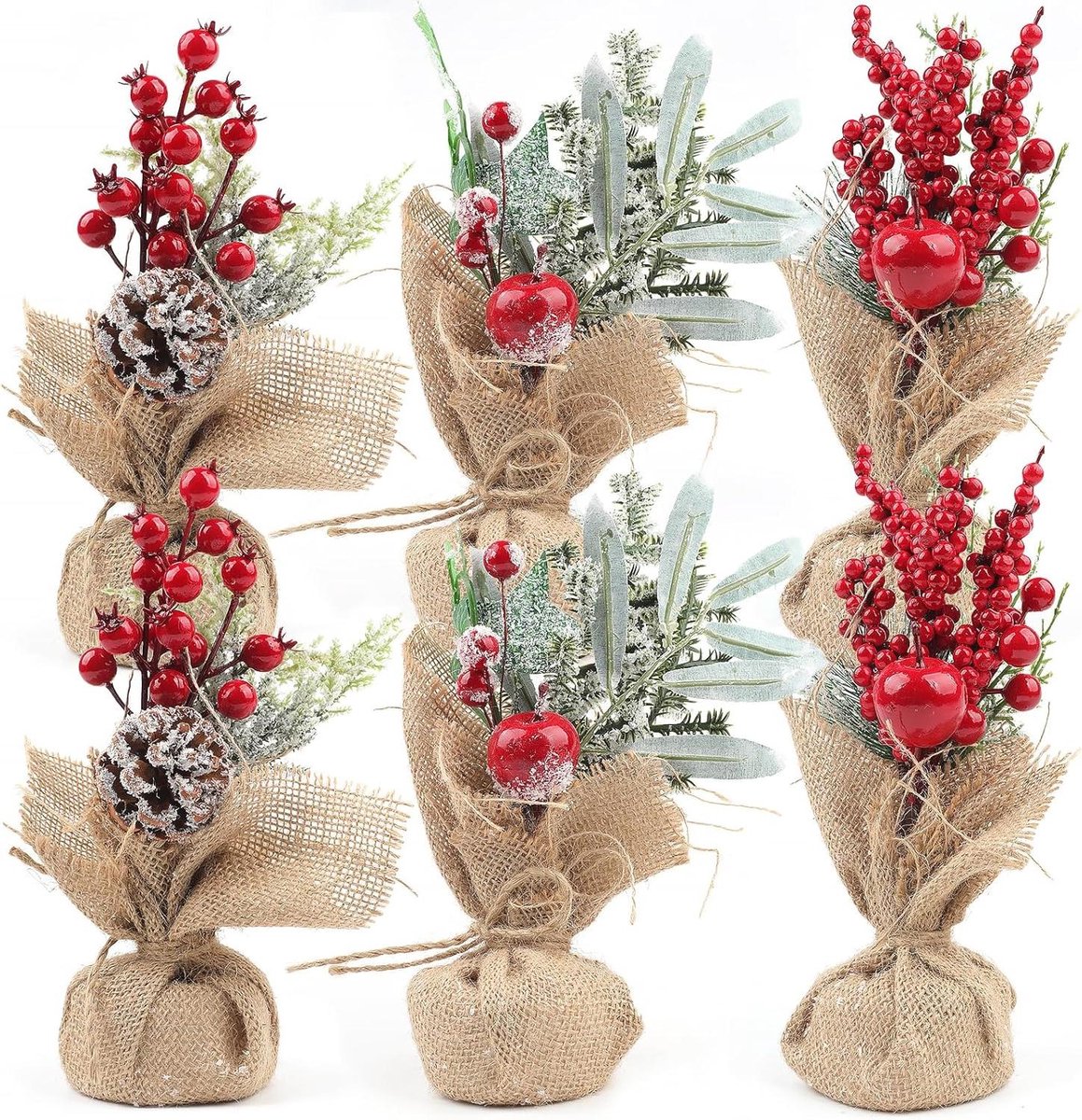 6x Kunstkerstbomen met Rood Bessen & Dennenappels - Tafeldecoratie