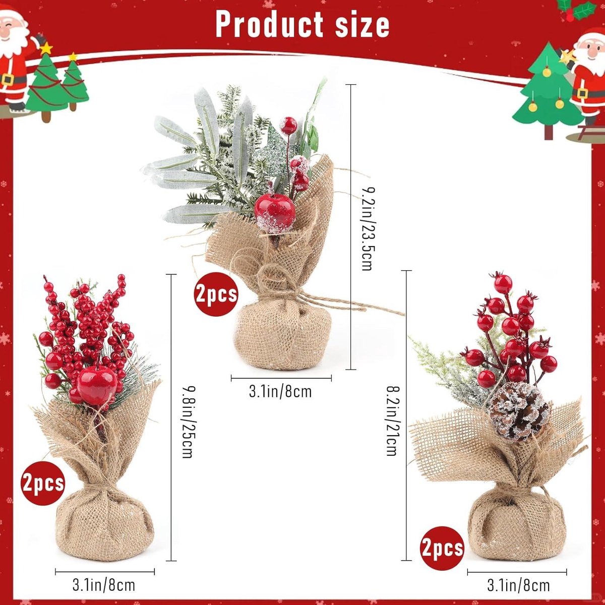 6x Kunstkerstbomen met Rood Bessen & Dennenappels - Tafeldecoratie