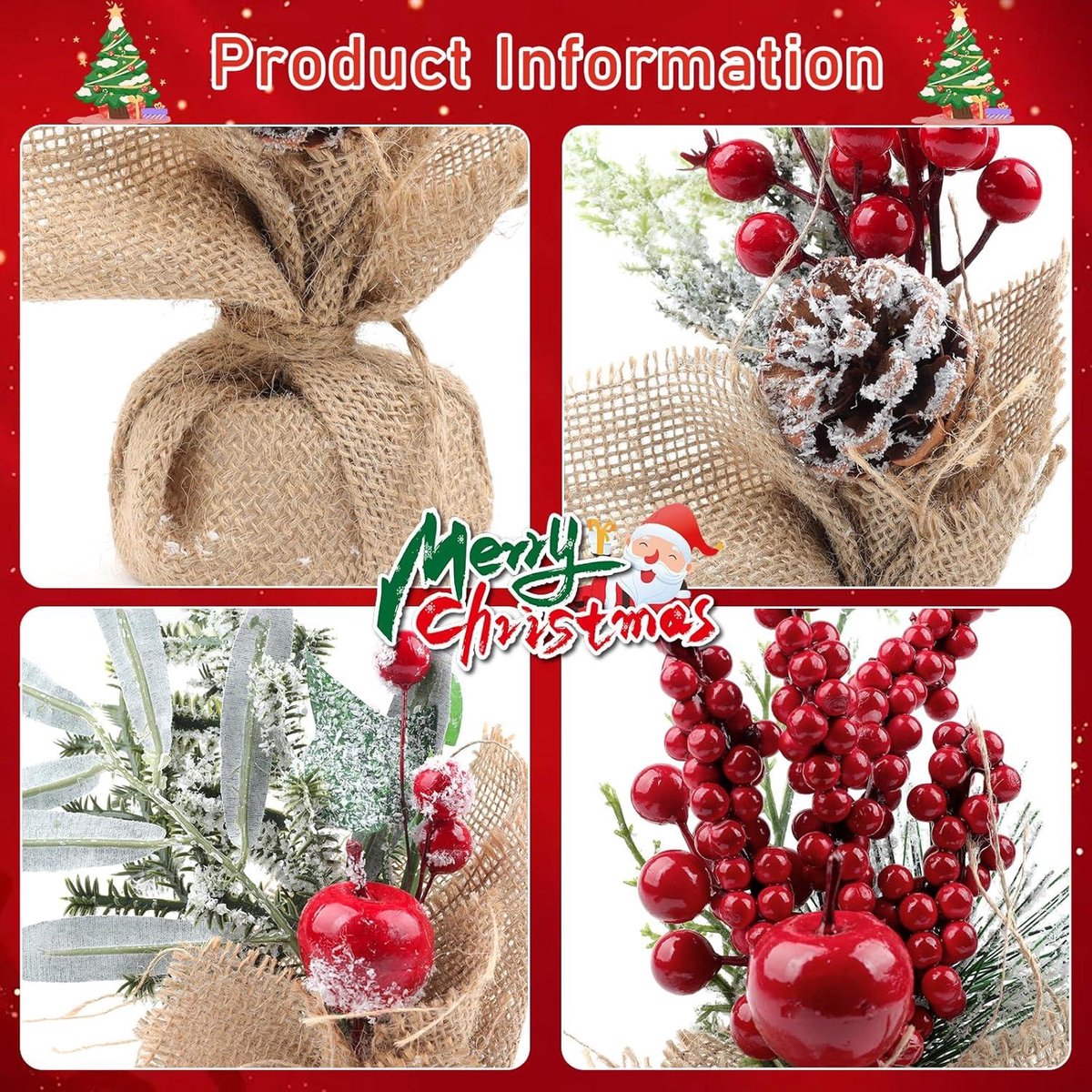 6x Kunstkerstbomen met Rood Bessen & Dennenappels - Tafeldecoratie