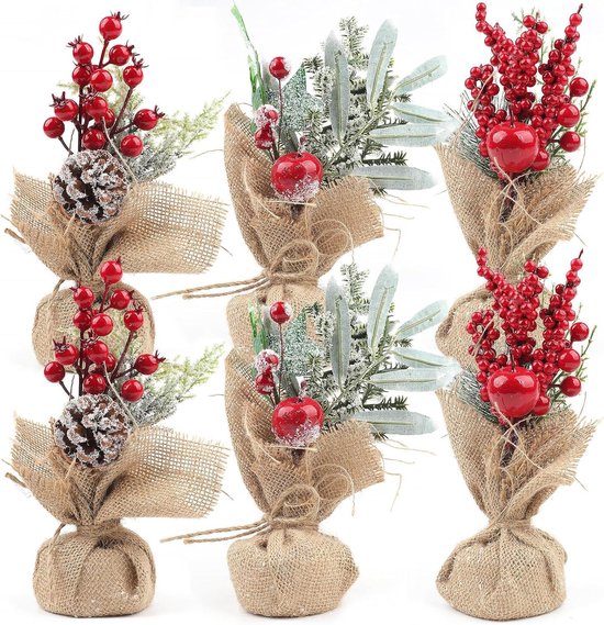 6x Kunstkerstbomen met Rood Bessen & Dennenappels - Tafeldecoratie