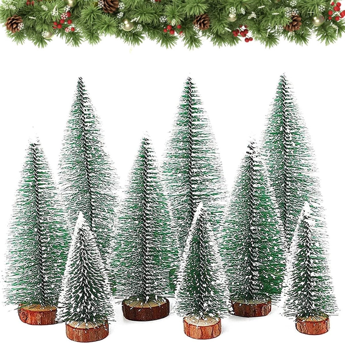 9x Mini groene kunstkerstboom 10/16/20 cm met houten sokkel