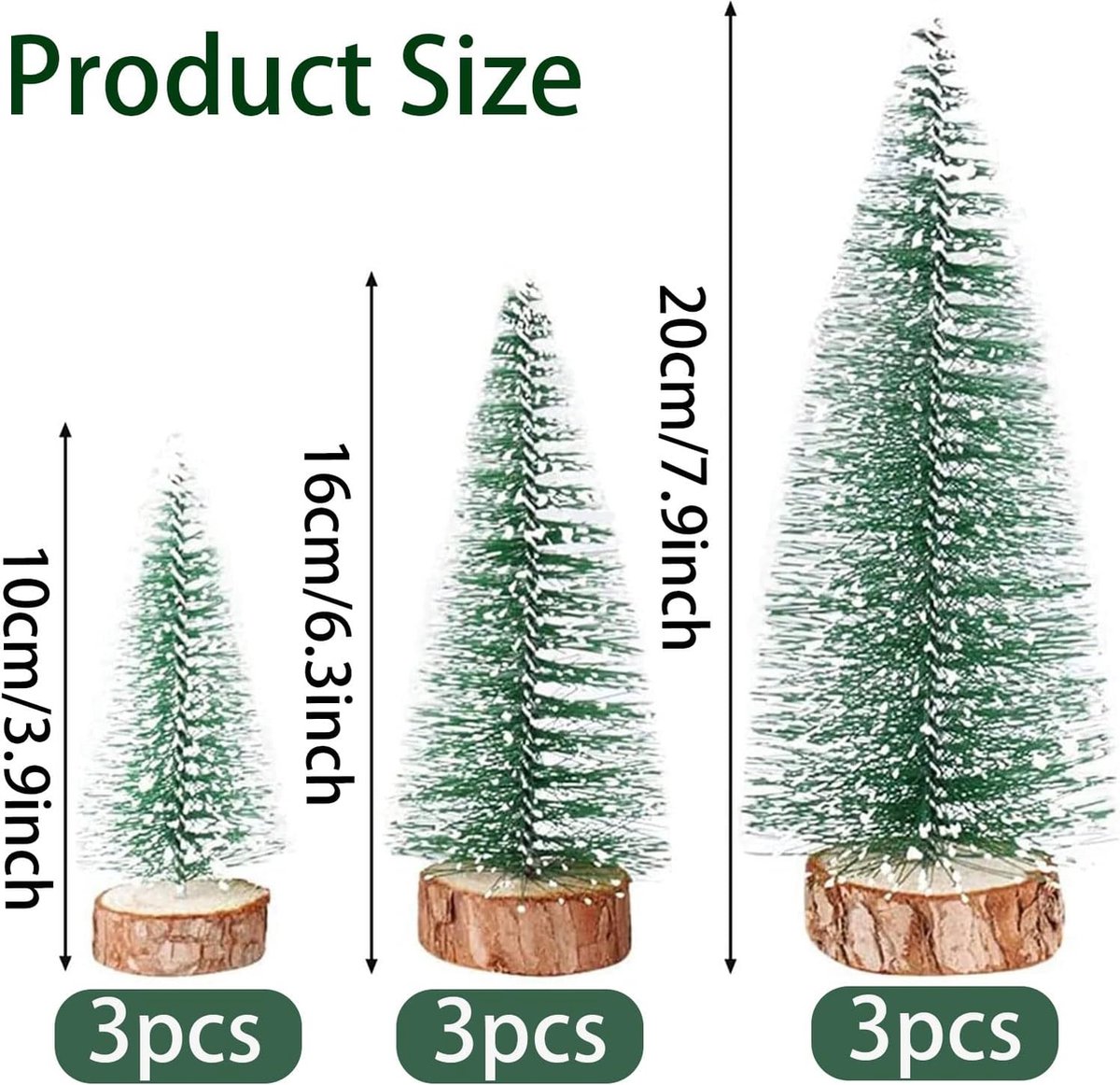 9x Mini groene kunstkerstboom 10/16/20 cm met houten sokkel