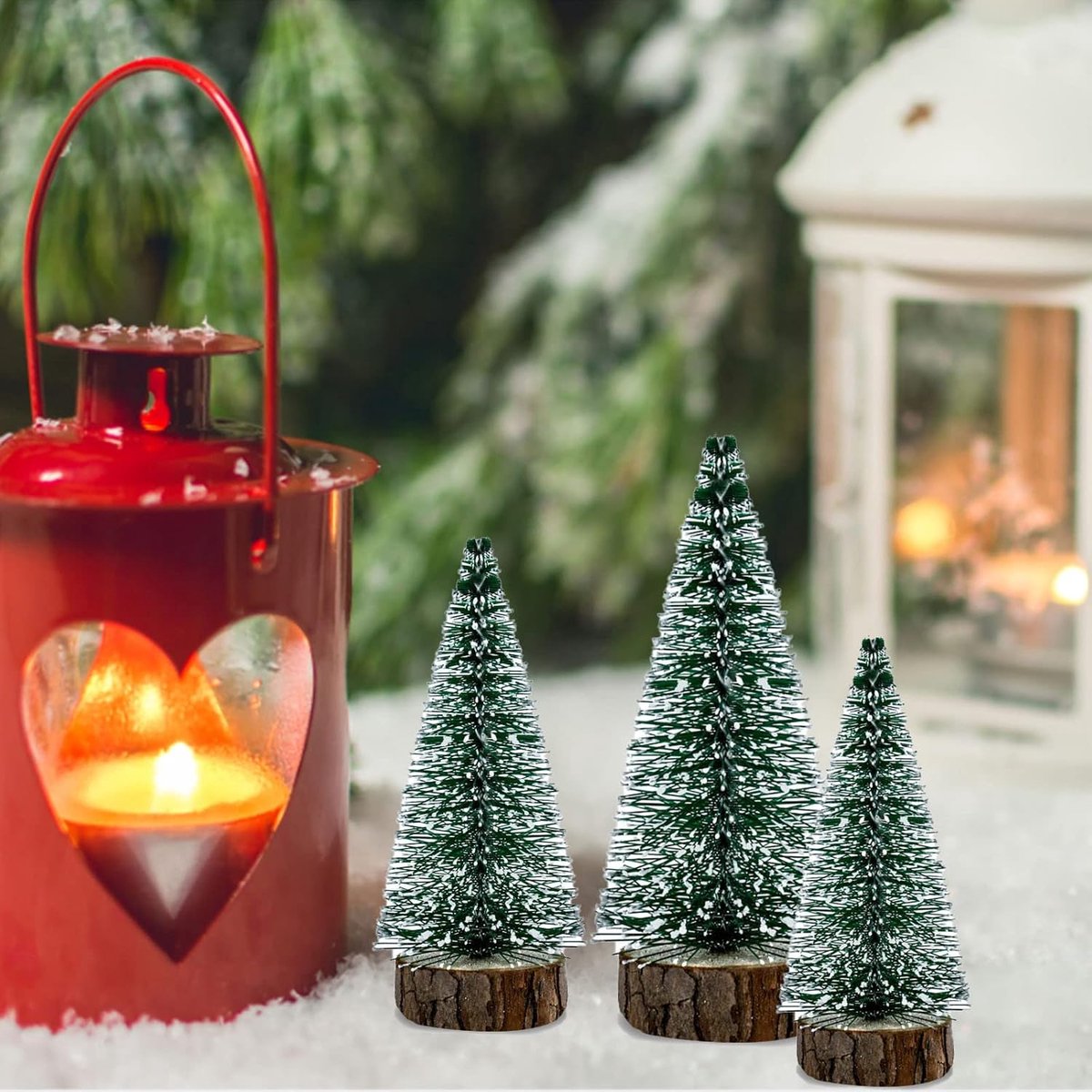 9x Mini groene kunstkerstboom 10/16/20 cm met houten sokkel