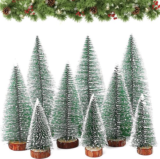 9x Mini groene kunstkerstboom 10/16/20 cm met houten sokkel