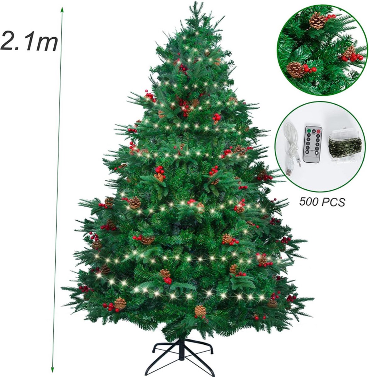 AGM 7ft Kunstkerstboom 210 cm met Verlichting en Rode Bessen