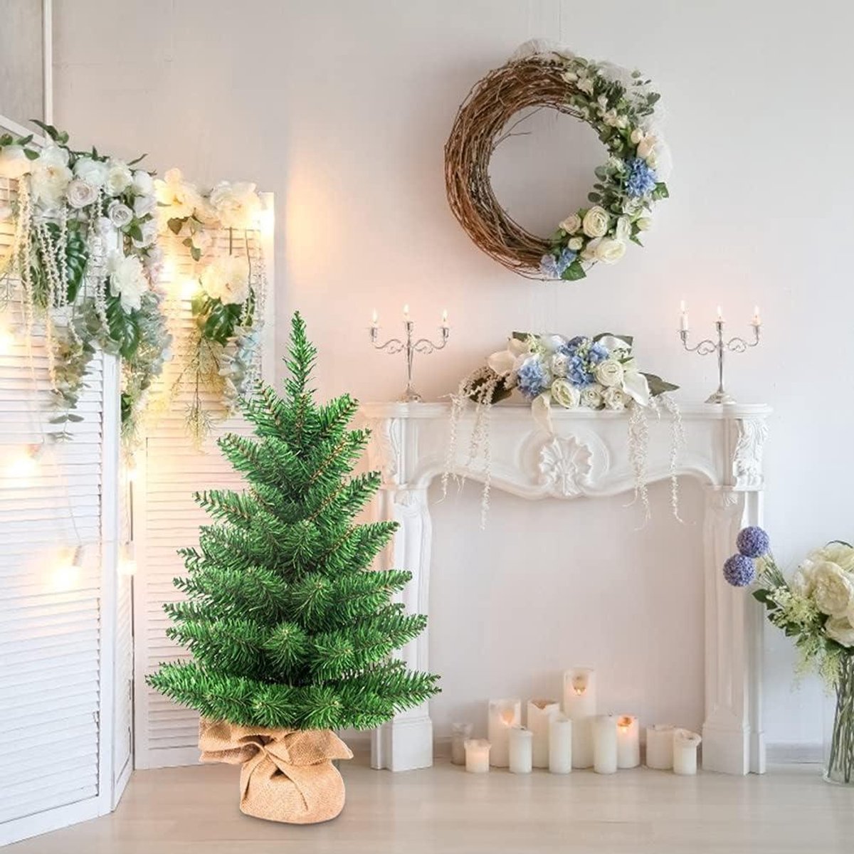 Allecto Plus Mini Kerstboom 60cm met Ornamenten en Linnen Base