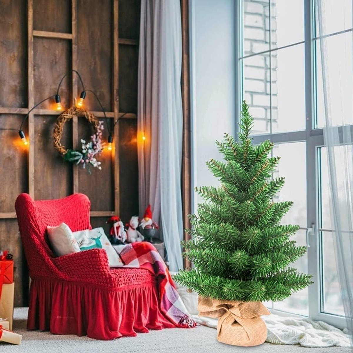 Allecto Plus Mini Kerstboom 60cm met Ornamenten en Linnen Base