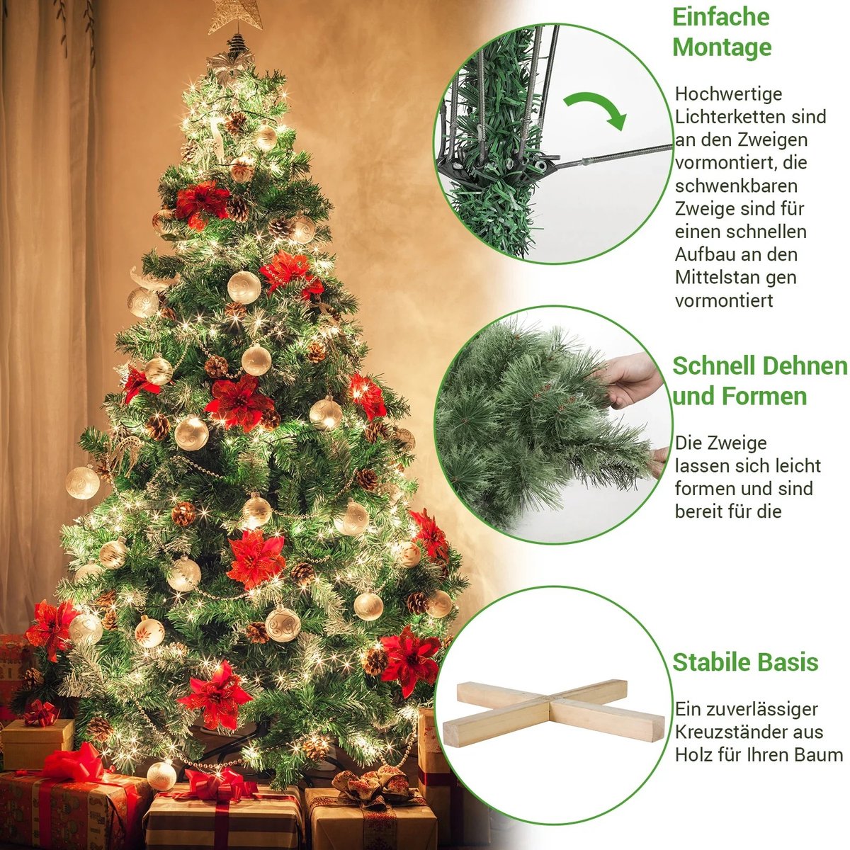 Asaam Kunstkerstboom 180 cm met LED en Houten Standaard