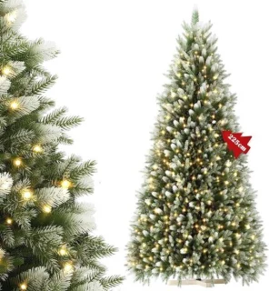 Aufun kunstkerstboom met verlichting, 225 cm, edelspar, natuurlijk wit besneeuwd + LED