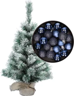 besneeuwde mini kerstboom 35 cm donkerblauw met kerstballen