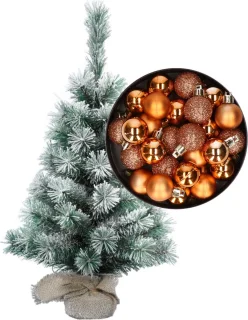 besneeuwde mini kerstboom 35 cm met koperen kerstballen