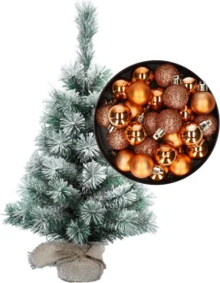 besneeuwde mini kerstboom 35 cm met koperen kerstballen