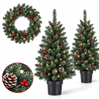 Cheqo® kerstboompjes set van 2 met kerstkrans en dennenappels