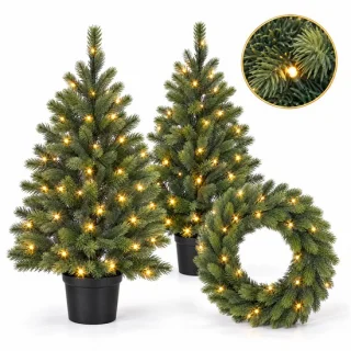 Cheqo® kerstboompjes set van 2 met kerstkrans voor buiten