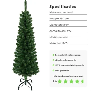Cheqo® Kunstkerstboom Smal 180 cm PVC Model Met Standaard