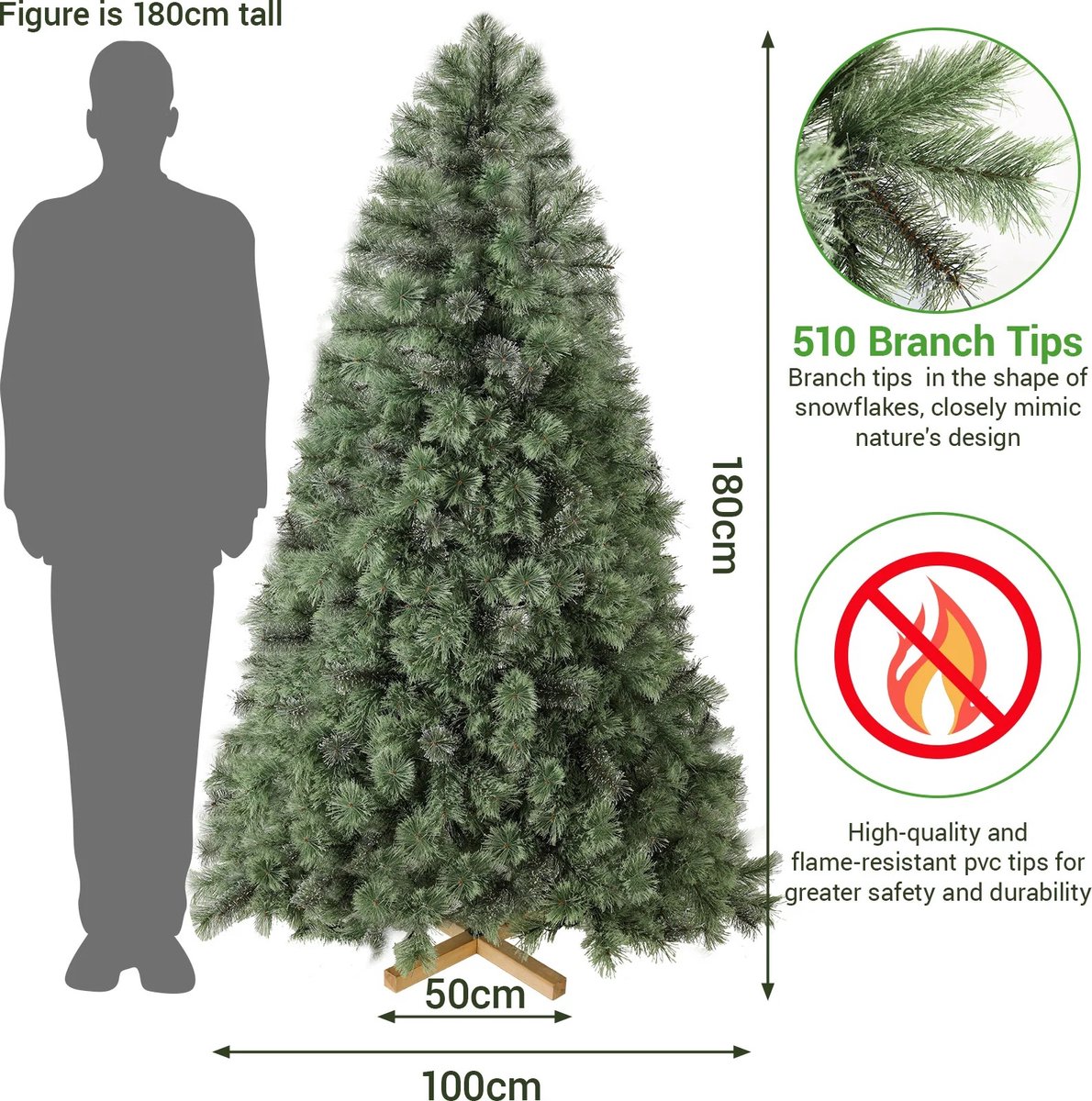 Collox Kunstkerstboom 180 cm met Houten Standaard