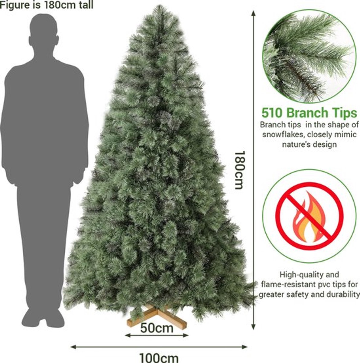Collox Kunstkerstboom 180 cm met verlichting en houten standaard