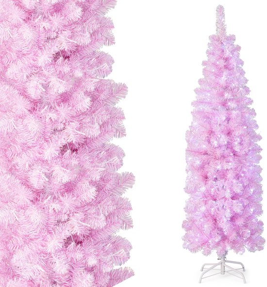 COSTWAY 180 cm Kunstkerstboom — slanke roze-witte eyecatcher met ingebouwde LED-verlichting