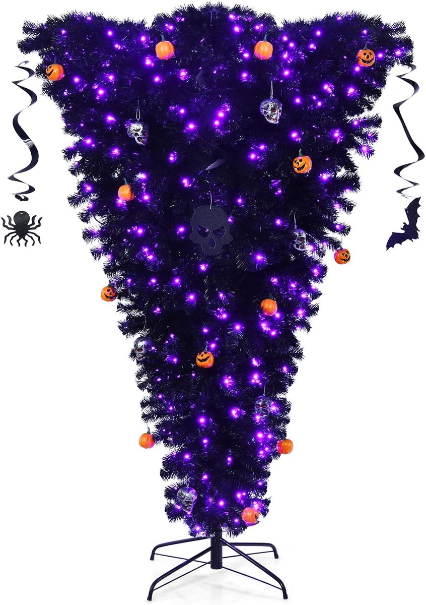 De COSTWAY 180 cm LED kunstkerstboom zwart met metalen standaard in één oogopslag