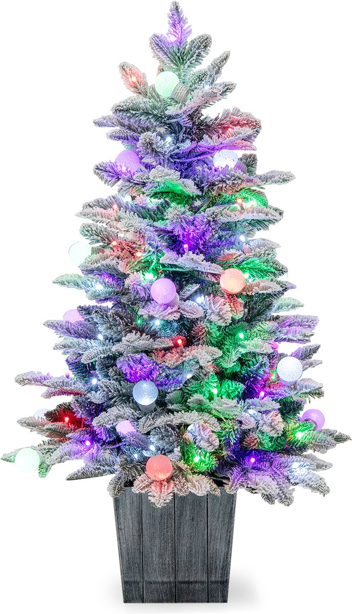 De COSTWAY Kunstkerstboom 100 cm kleur LED met sneeuw en sokkel in één oogopslag