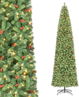 COSTWAY kunstkerstboom met ledverlichting, dennenappels en rode besjes