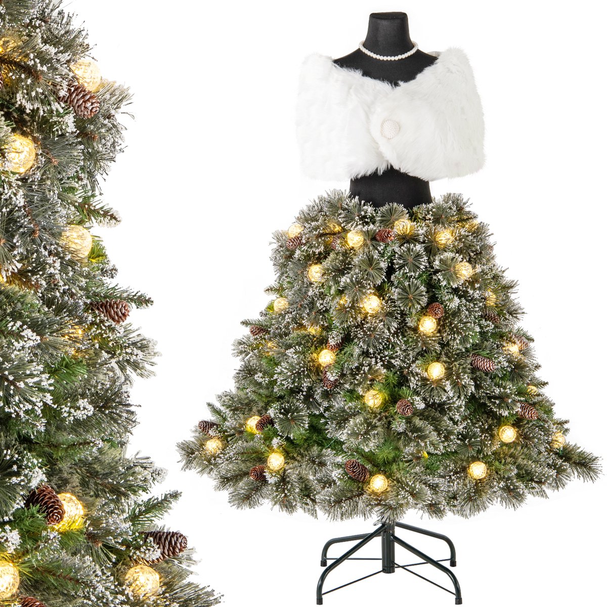 De COSTWAY Kunstkerstboom paspop met verlichting 150 cm in één oogopslag