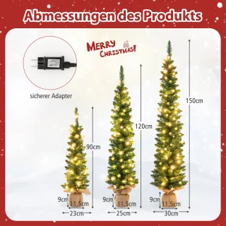 COSTWAY Kunstkerstboom Set 3 Potlood Dennenbomen 90-150 cm Groen