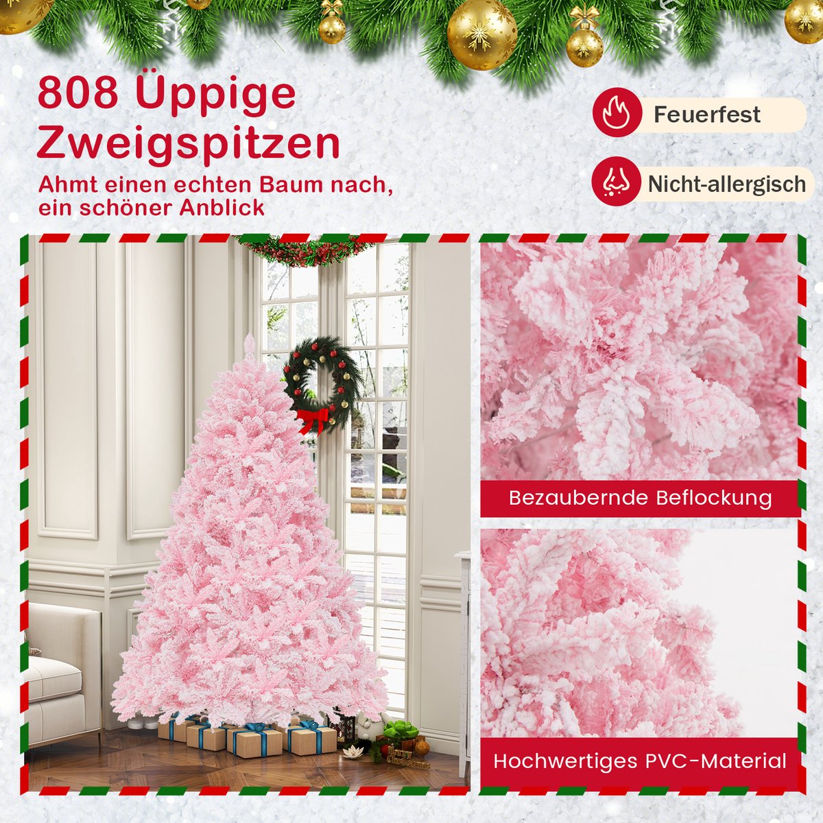 Wat vinden we goed aan de COSTWAY Kunstroze Kerstboom 180 cm met Metalen Standaard