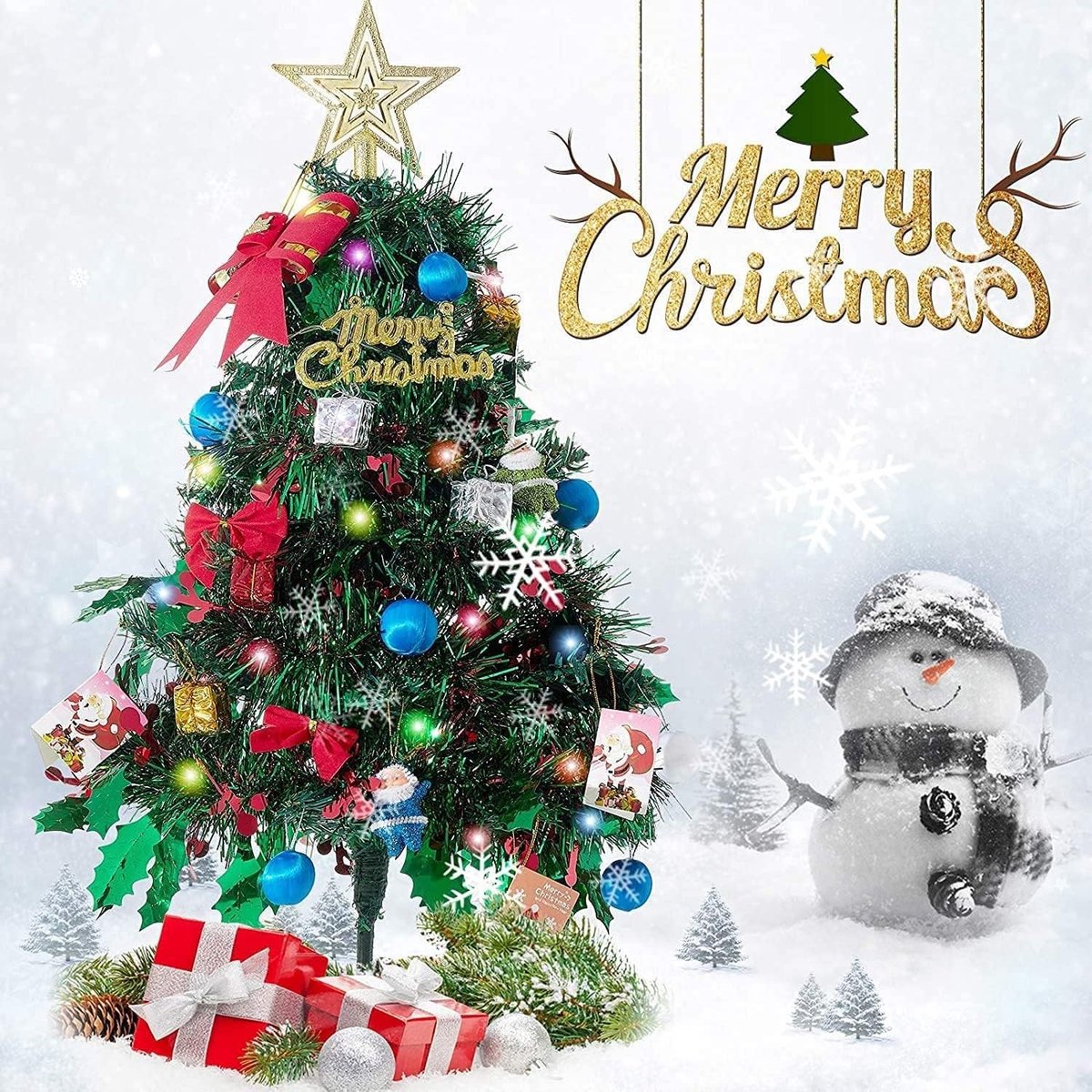 Decoratieve kerstboom 60 cm met ornamenten en gouden ster