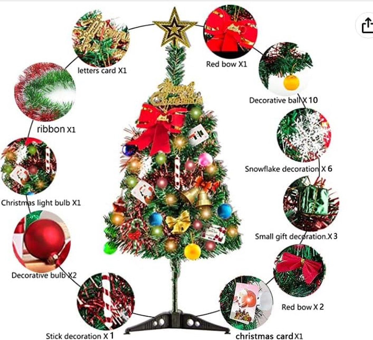Decoratieve kerstboom 60 cm met ornamenten en gouden ster