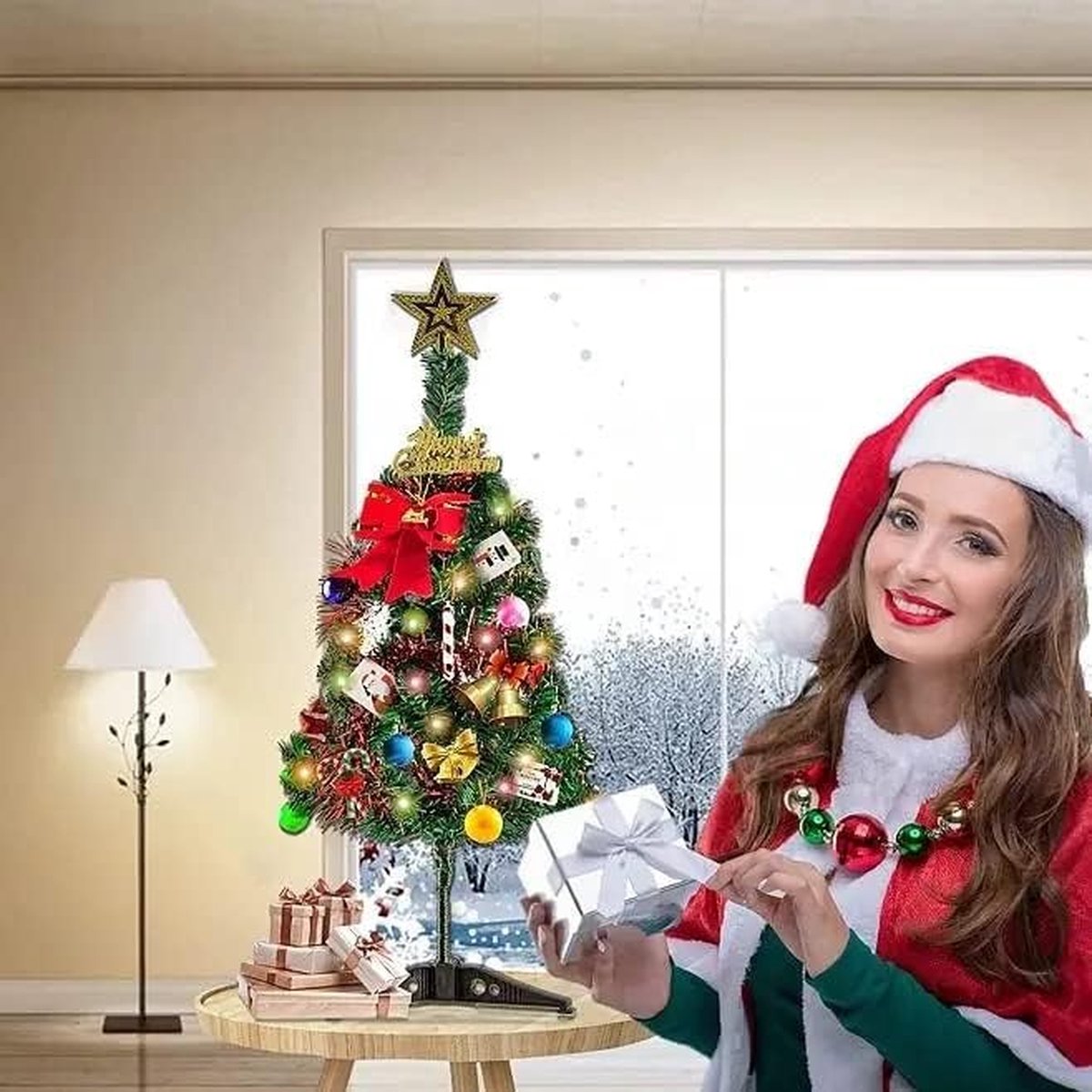 Decoratieve kerstboom 60 cm met ornamenten en gouden ster