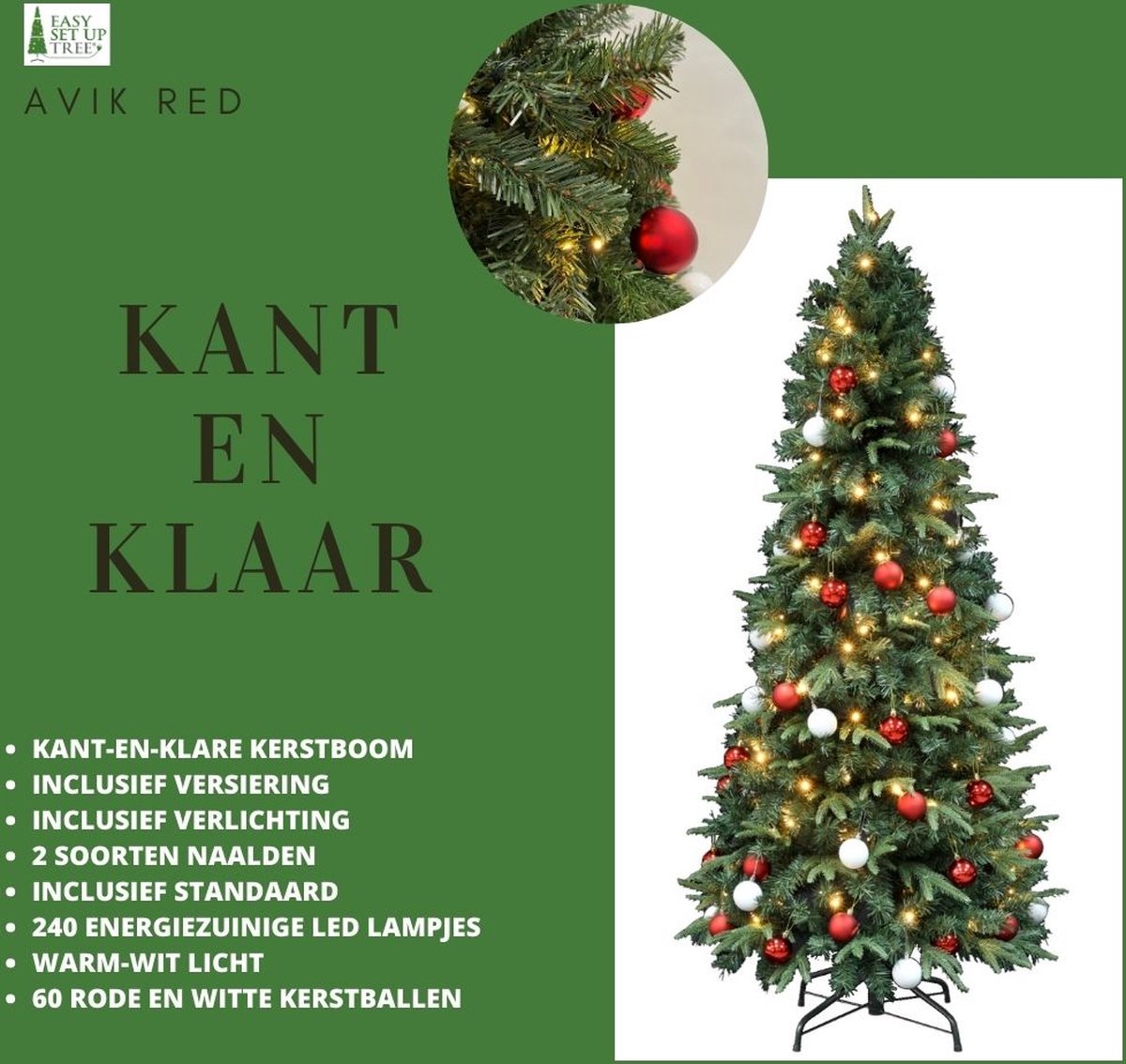 Easy Set Up Tree Avik Decorated Red 180 cm LED Kerstboom