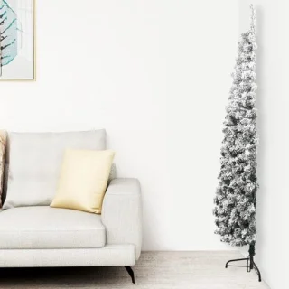 Elegante kunstkerstboom 150 cm half gevlokt sneeuw groen en wit met dunne standaard