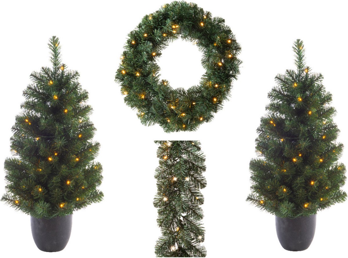 Everlands Dennenslinger Set Kerstboom en Krans met Licht