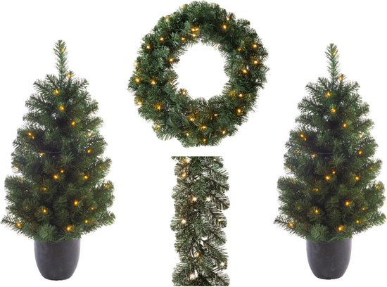 Everlands Dennenslinger Set Kerstboom en Krans met Licht