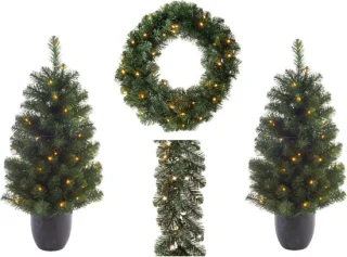 Everlands Dennenslinger Set Kerstboom en Krans met Licht