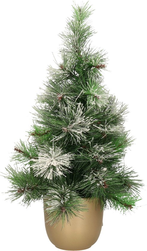 Everlands kleine kunstkerstboom H60 cm in gouden metalen pot