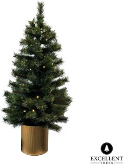 Compacte, sfeervolle mini kerstboom met LED en goudkleurige pot